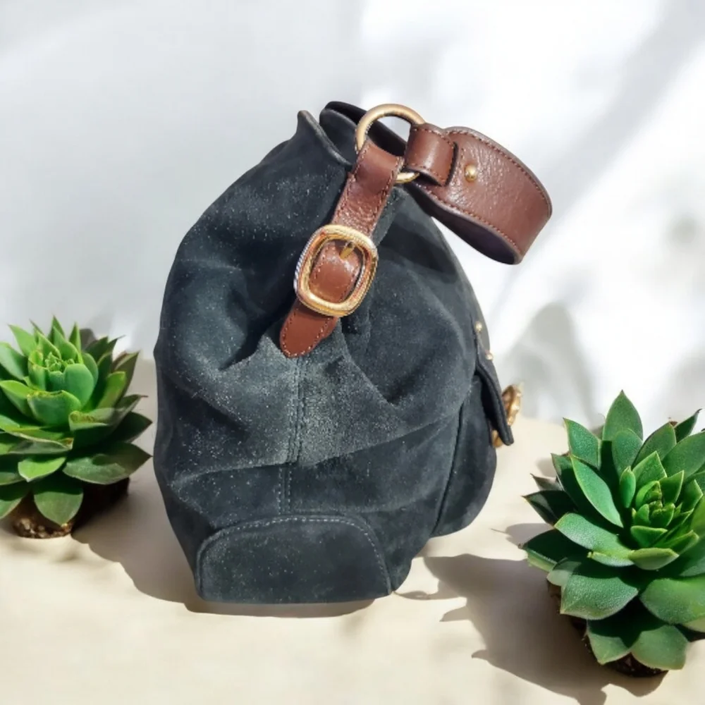 Michael Kors Dark‎ Green Black Suede And Leather Hobo Shoulder Bag